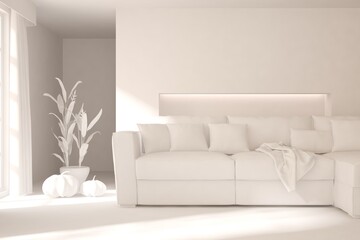 White minimalist living room with sofa. Scandinavian interior design. 3D illustration
