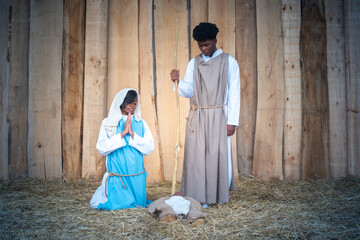 Nativity of a crib with black virgin mary and joseph