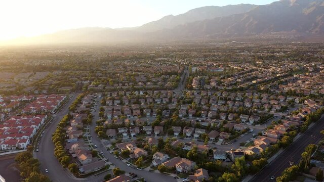 Sunset view of the residential suburban core of Rancho Cucamonga, California, USA.
