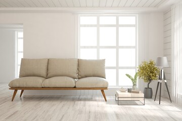 Modern living room in white color with sofa. Scandinavian interior design. 3D illustration
