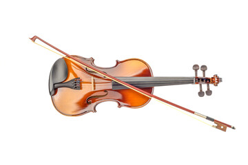 Top view of violin and bow isolated on white background.