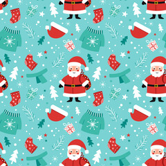 Funny children's festive Christmas pattern with Santa and warm clothes
