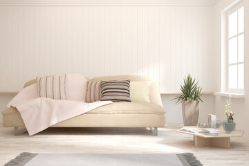 White living room with sofa. Scandinavian interior design. 3D illustration