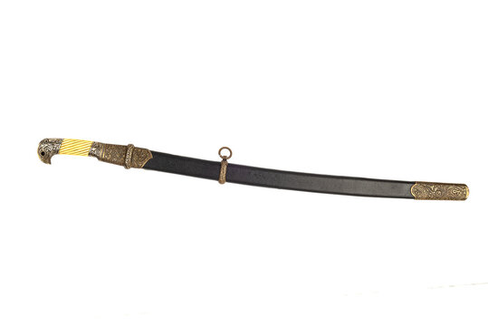 Top view of a Cossack saber in a scabbard isolated on a white background.