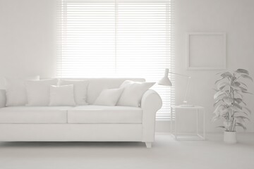 Mock up of stylish room in white color with sofa. Scandinavian interior design. 3D illustration