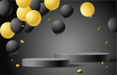 Black friday sale design template. Festive background with black and gold flying balloon, confetti coin and empty black round podium. Vector stock illustration.