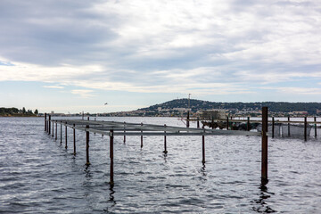 Vue par temps nuageux sur Sète et le Mont Saint-Clair, sur bord de l’Étang de Thau, depuis les parcs à huîtres (Occitanie, France)