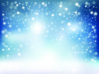 Falling Snow On The Blue Background. Winter background with falling snowflakes. Christmas card backdrop. Vector illustration. Winter snowfall and snowflakes dark blue background. Cold winter