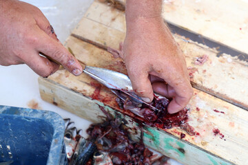 Man cutting fresh fish before selling to customers in the fish market.