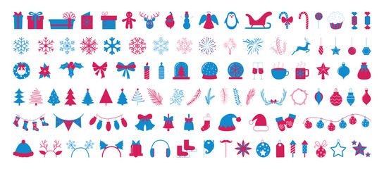 Collection of colored icons for Christmas and New Year. Elements for decoration.