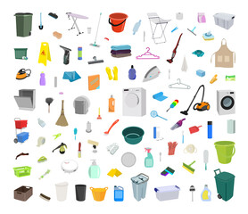 Collection of equipment for cleaning. Realistic objects isolated on white background.