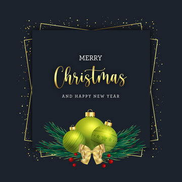Christmas banner with fir tree branches, golden glitter and decorative balls on fir tree branches
