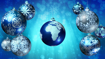Christmas 3D illustration with the Earth as an Xmas ball. Also available as an animation - search for 197526384 in Videos. Blue and silver baubles on a background of snowflakes falling.