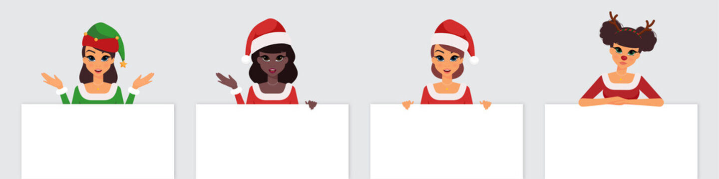 Women collection in Christmas costumes holding blank papers