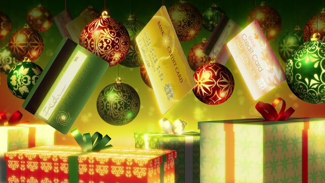 Christmas Shopping. 3D Illustration of credit cards hanging amongst baubles and gift boxes. Also available as an animation - search for 197531502 in Videos.