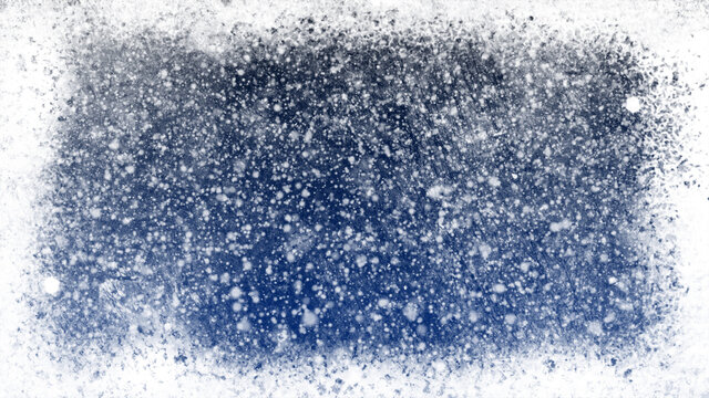 Christmas snow illustration with icy grungy window texture. Also available as an animation - search for 197516794 in Videos. Snow falling against dark blue night sky background with white border.