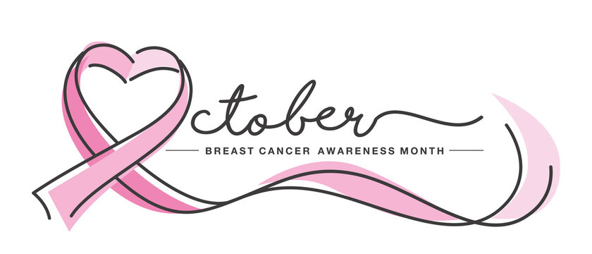 October Breast cancer awareness month handwritten typography creative pink love heart ribbon symbol line design vector illustration banner