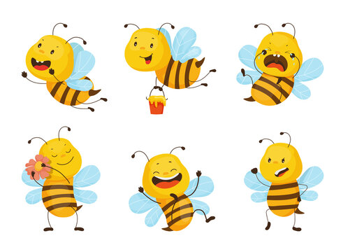 Collection of cartoon illustrations with bee performing different actions. Colorful cute character.