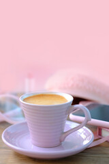 womens stylish accessories, smartphone with blank screen, glamorous set in pink shades, flat lay, copy background, womens clothing, alarm clock, lipstick, coffee cup, good morning concept, female life