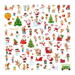 Collection of Christmas illustrations in cartoon style. Characters and New Year's elements for cards, stickers, web designs.