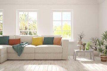 White living room with sofa and summer landscape in window. Scandinavian interior design. 3D illustration