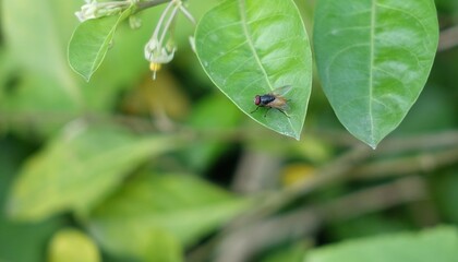 Common housefly closeup sitting on a leaf in Delhi in India