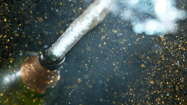 Super slow motion of Champagne explosion with flying cork closure, opening champagne bottle closeup. Filmed on high speed cinematic camera at 1000 frames per second.