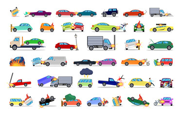 A selection of road traffic accidents. Emergency situations involving cars, vans, people, motorcycles, bicycles, strollers. Collisions and fires of vehicles. Car crashes illustrations.