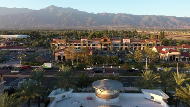 Sunset aerial view of the urban core of downtown Rancho Cucamonga, California, USA.