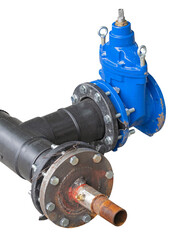 Obraz premium blue wheel valve with pipe on white
