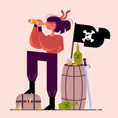 Pirate pack: chest, gold, spyglass, rum bottles, flag and rapier. A young pirate stands and looks into the distance. Geometric flat style
