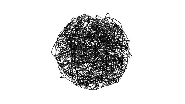 Hand drawn tangle scrawl sketch or black line spherical abstract scribble shape. Tangled chaotic and nervous doodle circle or thread clew knot spinning on white background. 4K looped animation
