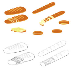 A vector illustration of baguettes and loaves  isolated on white background. Designed in light brown, black and white colors for coloring book page, prints, wraps, templates