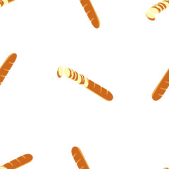 A seamless vector pattern of colorful baguettes on white background. Designed in light brown colors for wallpapers, prints, backgrounds, wraps, templates
