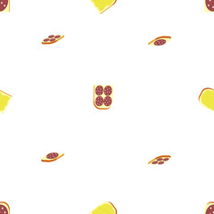 A jpeg illustration of cheese and sausage sandwiches isolated on transparent background. Designed in yellow, maroon, light brown colors for wallpapers, prints, backgrounds, wraps, templates