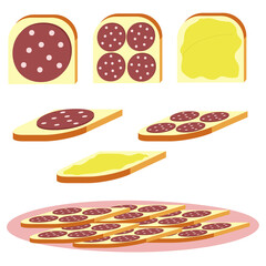 A vector illustration of cheese and sausage sandwiches isolated on transparent background. Designed in maroon, pink, yellow, light brown colors for web concepts, prints, wraps, templates