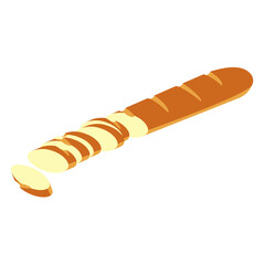 A jpeg illustration of a sliced baguette isolated on white background. Designed in beige, light brown colors for web concepts, prints, wraps, templates