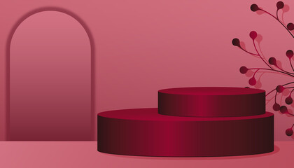 podium display empty exhibition cylinder presentation dark red cherry pink background shelf for goods