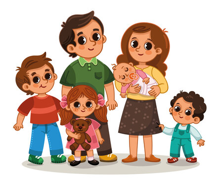 Cute cartoon family of six with mum dad and for kids. Vector illustration.
