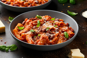 Traditional Italian Pasta e fagioli with bean, tomato and parmesan cheese
