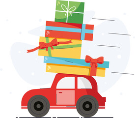 Merry christmas stylized typography. Red car with gift boxes. Vector flat style illustration