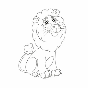 Coloring book pages for adults and kids. Vector black and white contour picture of a cute lion.