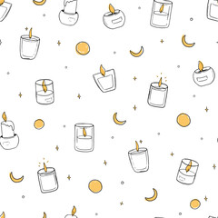 Doodle burning candles seamless vector pattern. Christmas pattern - 464829191
