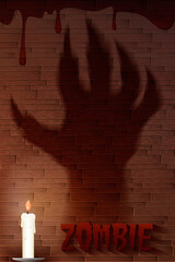 Halloween background with shadow scary hand of zombie on the brick wall.