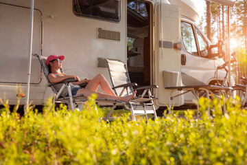 Family vacation travel RV, holiday trip in motorhome - 464829559