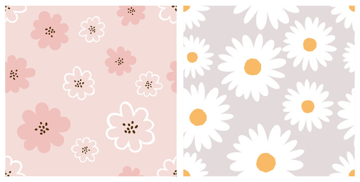 Seamless patterns with cute hand drawn daisy flower on  pastel pink and grey backgrounds vector illustration. 