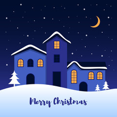 Fototapeta na wymiar Merry Christmas greeting card. Background with night town, moon and falling snow. Festive banner in flat style. Xmas backdrop. Vector illustration. Modern design poster, postcard, wallpaper. Stock.