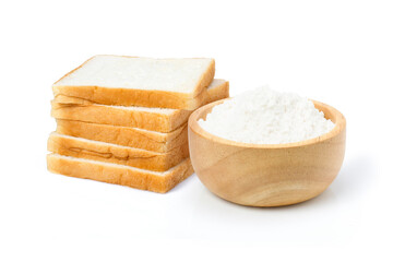 Bread slice with powder in wooden bowl isolated on white background.