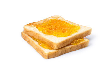 Toast sliced bread with orange jam isolated on white background.