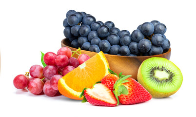 Pile of various types of fresh organic fruits with strawberry, kiwi, orange fruit, black and grapes isolated on white background. 